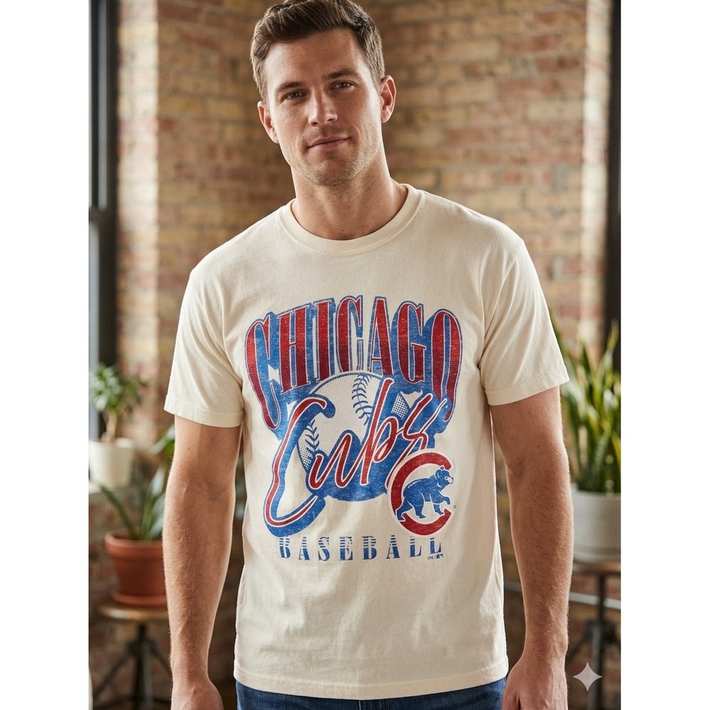 Chicago Cubs Mens XL Comfort Wash Graphic T-Shirt Cream MLB Baseball New